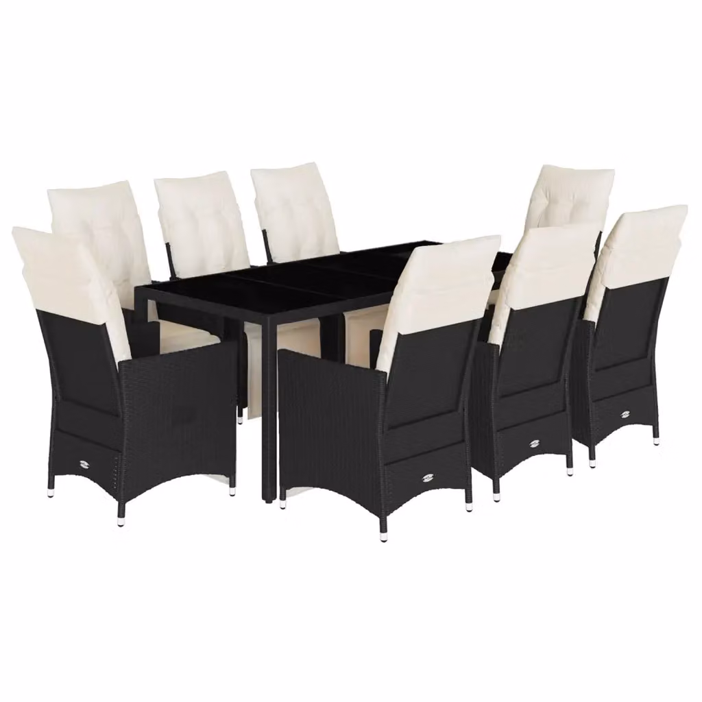 Set da Pranzo da Giardino vidaXL in Polyrattan Nero con Cuscini e Tavolo in Vetro, 9 Pezzi – 2