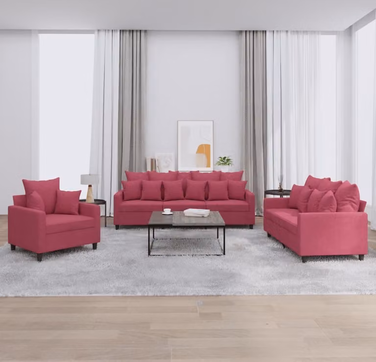 Maison Exclusive - Set divano a 3 pezzi con cuscini in velluto bordeaux