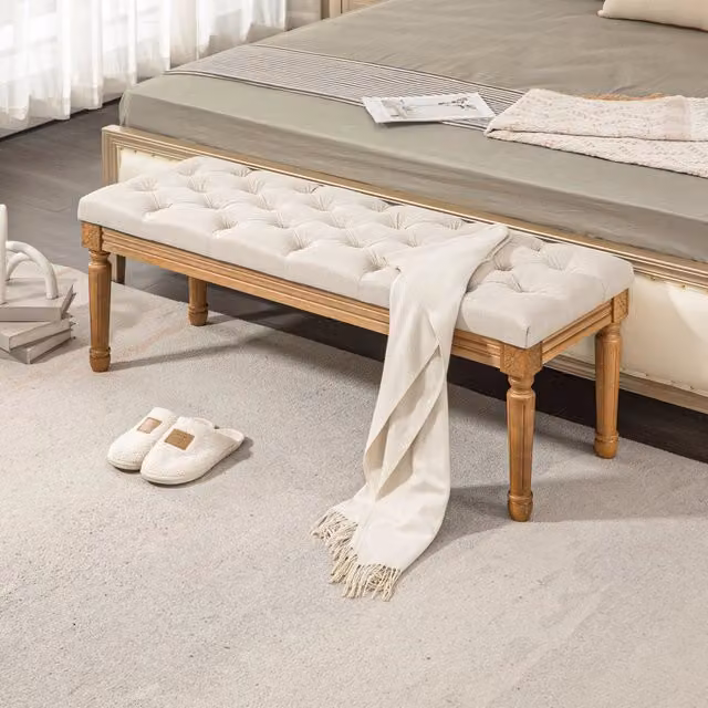 Panca imbottita stile francese 120 x 41 x 48 cm in poliestere color crema