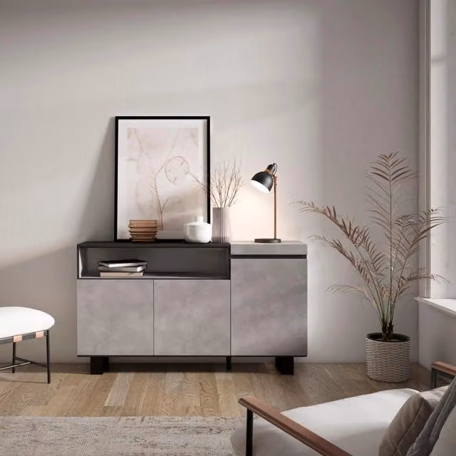 Credenza, Mobile, 150x35x87cm, 3 Porte, Design industriale, grigio cemento RF2492