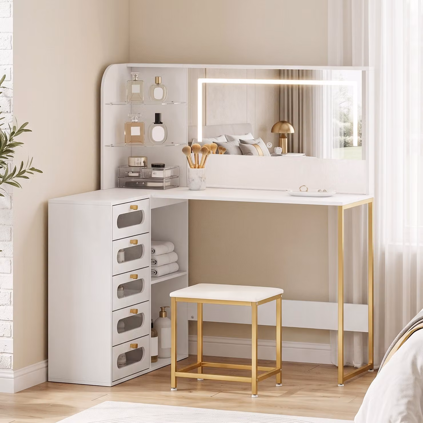 Toeletta da trucco HOMCOM con specchio LED, sgabello, 5 cassetti e 4 scomparti, bianco – 2