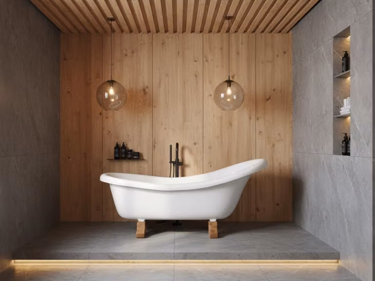 Vasca da bagno retrò freestanding da 180 cm in composito bianco su piedini a blocchi in legno massello — Vasca da bagno retrò Ludwik grande con piedini a forma di scarpa in rovere o pino
