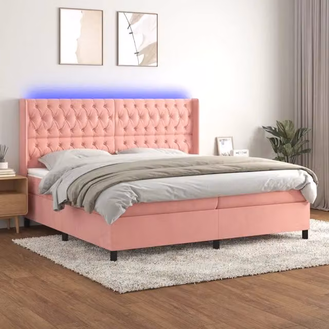 Letto Ibrido vidaXL in Velluto Rosa e Bianco con Illuminazione LED Sotto il Letto e Porte USB L/P/H: 200 x 203 x 128 cm