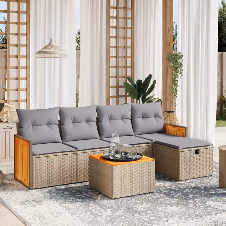 vidaXL Set Divano da Giardino a L 6 pz con Cuscini Beige e Grigio in Polyrattan e Acciaio