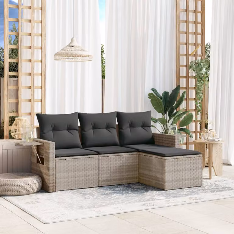 vidaXL Set Divano da Giardino a L in Polyrattan Grigio con Cuscini e Tavolino da Esterno