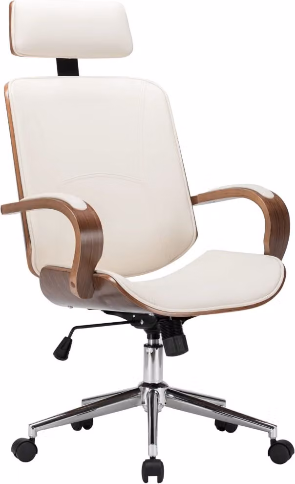 The Living Store Sedia da ufficio girevole con poggiatesta in ecopelle crema bentwood