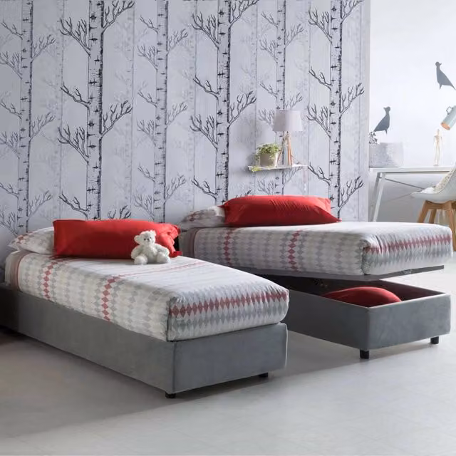 Letto singolo contenitore Aribal Talamo Italia con materasso incluso, rivestimento in tessuto, Grigio, 90x200 cm – 1