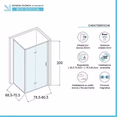 Box doccia d'angolo Ted con porta a soffietto serigrafata in vetro trasparente e profili argento L: 80 cm, P: 70 cm, H: 200 cm – 2