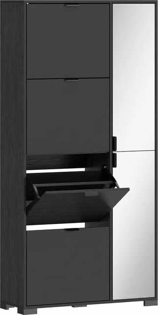 Scarpiera con Specchio 82x30x168 cm 4 Cassetti Ribalta e Armadietto 2 Ante in MDF Nero
