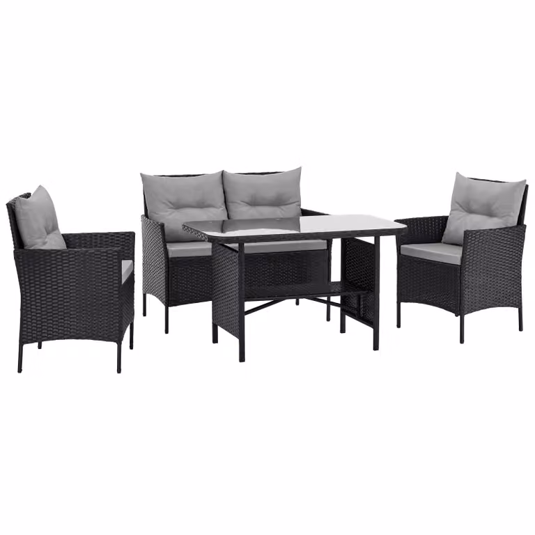SVITA DALLAS Set di mobili da giardino in polyrattan 4 pezzi 2 poltrone Divano Tavolo Cuscini inclusi Nero