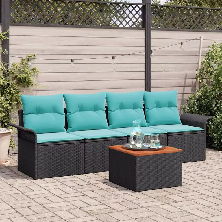 Set Divano da Giardino vidaXL 5 Pezzi con Tavolino, Nero e Turchese