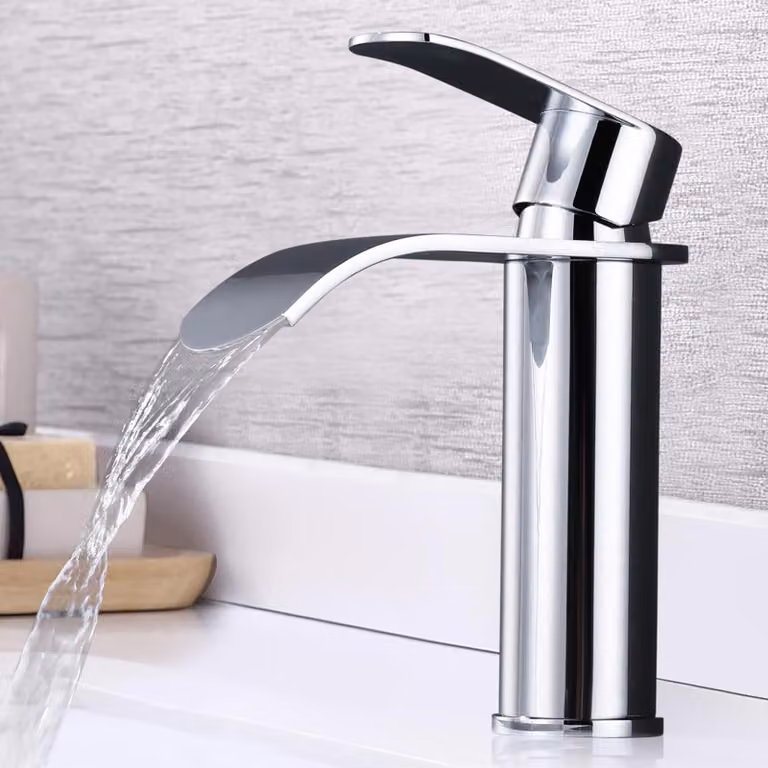 Miscelatore monocomando per lavabo a cascata, cromato, in acciaio inossidabile, a basso rumore