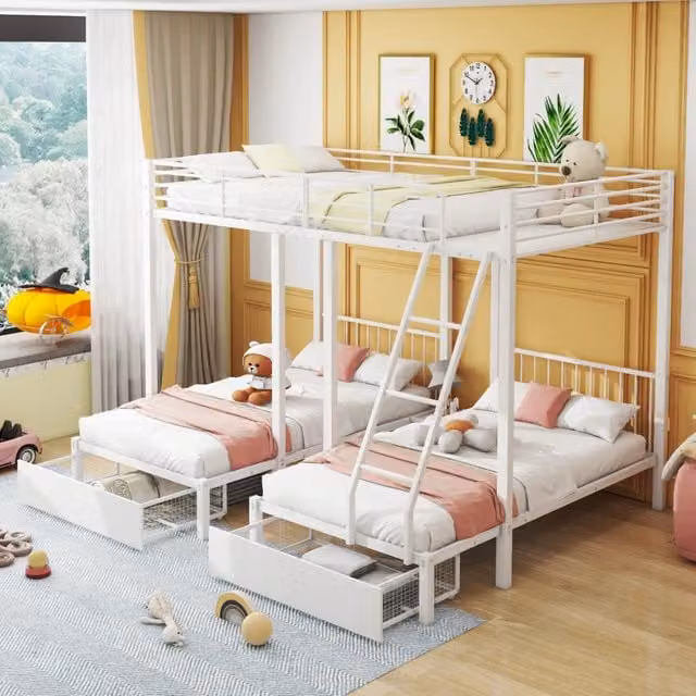 Letto a castello 3 posti 140×200 cm e due 90×200 cm, con 2 cassetti e mensola, senza materasso, metallo bianco
