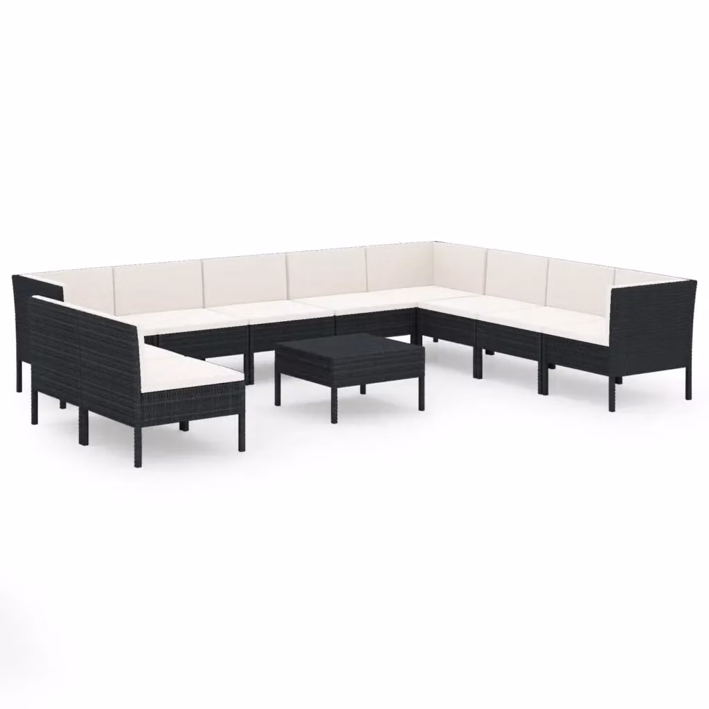 Set da giardino moderno vidaXL composto da 11 pezzi con divani a forma di U, tavolino da caffè e cuscini bianchi con struttura in metallo nero e rattan – 2