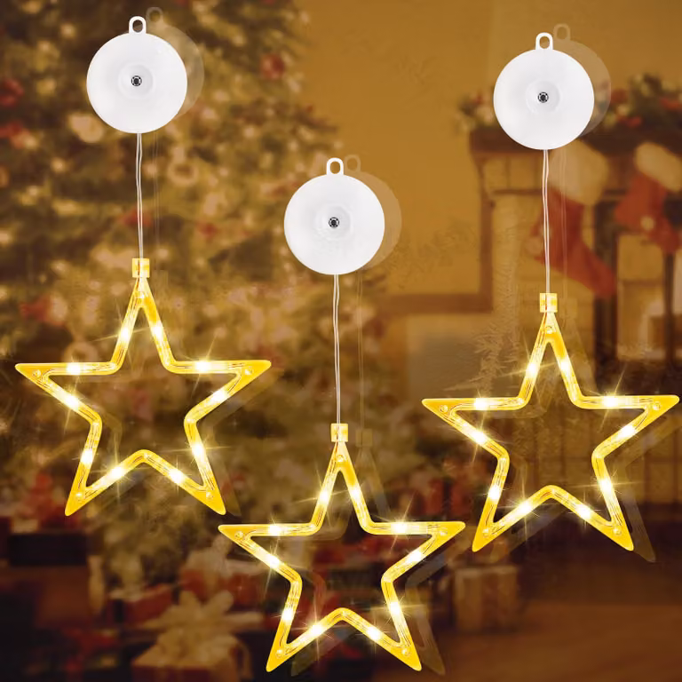 Set di luci a LED a forma di stella, composto da 3 pezzi, con 10 LED per stella, luce bianco caldo, timer integrato, ideale per decorare le finestre