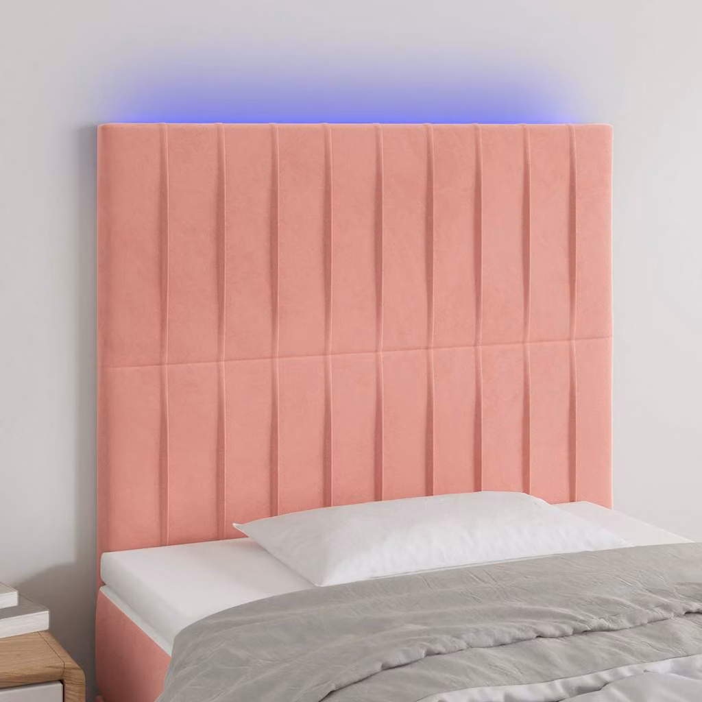 Testiera per letto con LED e porta di ricarica USB vidaXL in velluto rosa, L: 100 cm, P: 5 cm, H: 118-128 cm