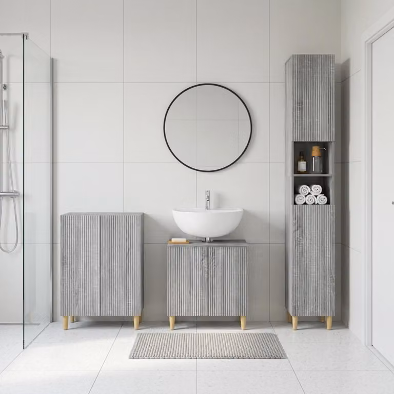 Set di armadietti da bagno moderni vidaXL ARNHEM in 3 pezzi, colore grigio Sonoma, con vanità, mobile laterale e pensile