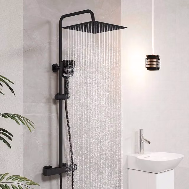 Colonna doccia AICA con miscelatore termostatico e soffione quadrato rain e massaggio in acciaio inox nero – 1