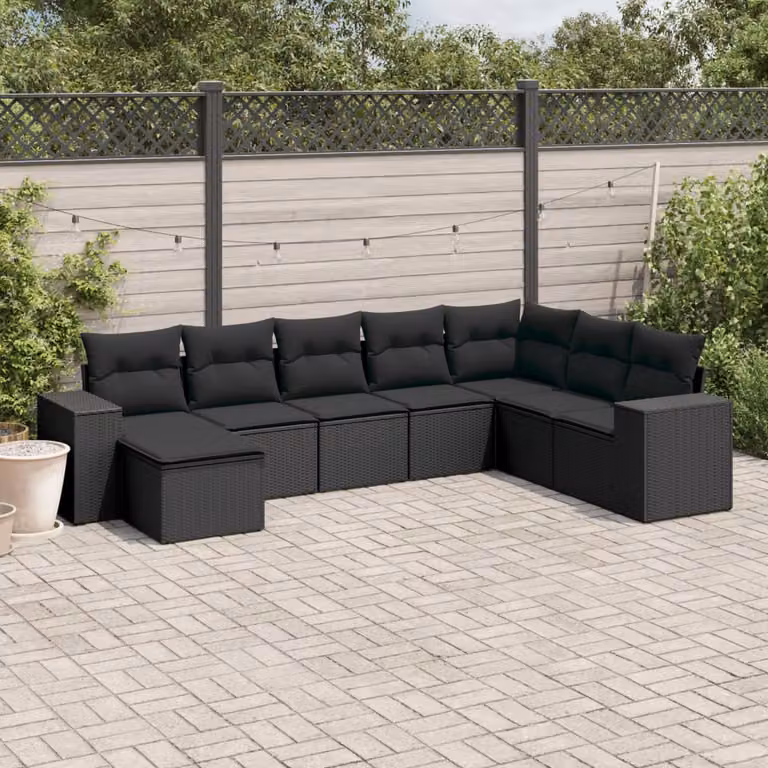 Set di Divani da Giardino vidaXL a Forma di L con Cuscini, 8 Pezzi, Nero
