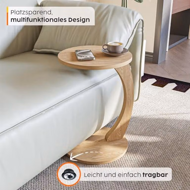 Tavolino da salotto di design, a forma di "C", con ruote e finitura effetto legno di quercia