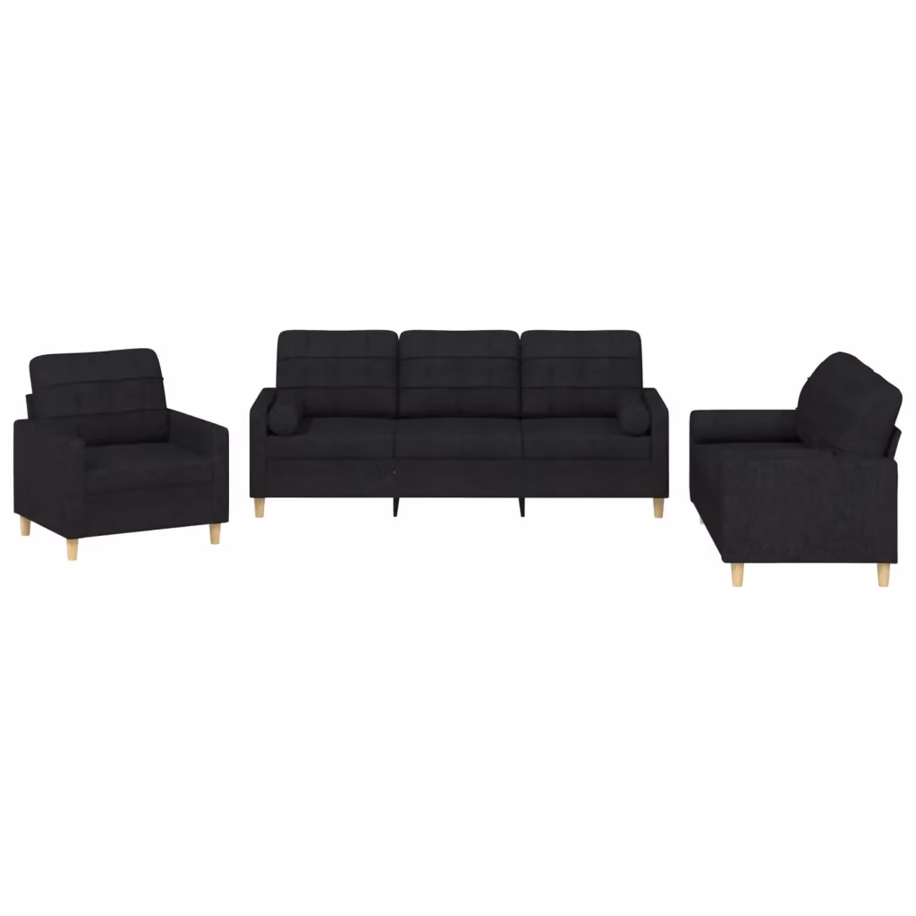 Set di divani vidaXL da 3 pezzi in tessuto nero con cuscini per soggiorno moderno – 2