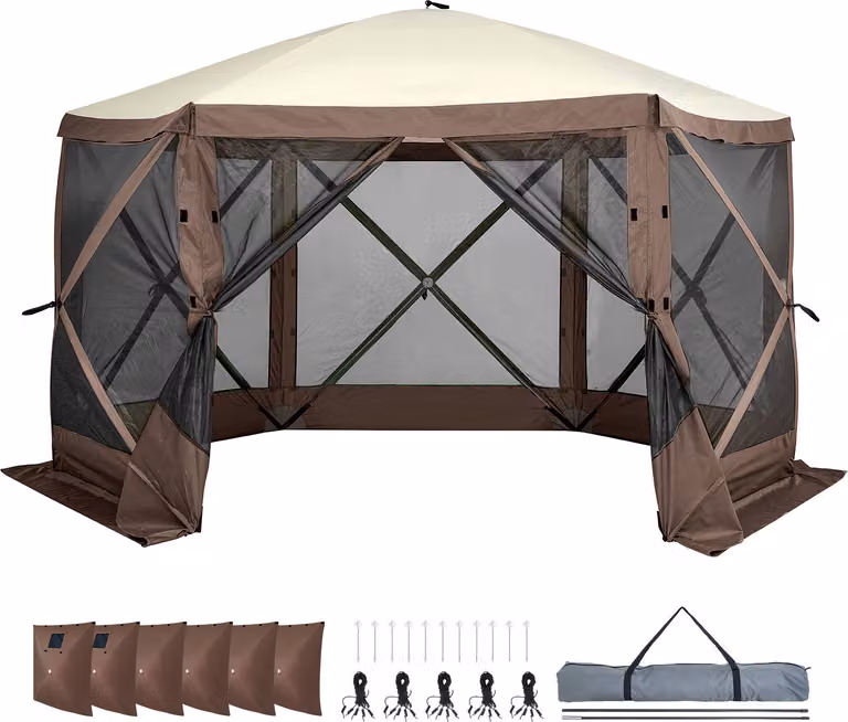 SucceBuy tenda gazebo pop-up, parasole a baldacchino a 6 lati con pannelli privacy rimovibili e finestre a rete, tenda privacy di 12,5 x 12,5 piedi a montaggio rapido con zanzariera