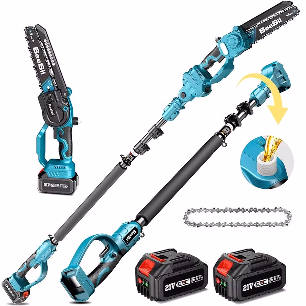 Troncatrice a batteria multifunzione 2-in-1 – Motosega elettrica – Lame da 20 cm – Barra di prolunga da 3 metri – Motore brushless – 2 batterie da 4,0 Ah