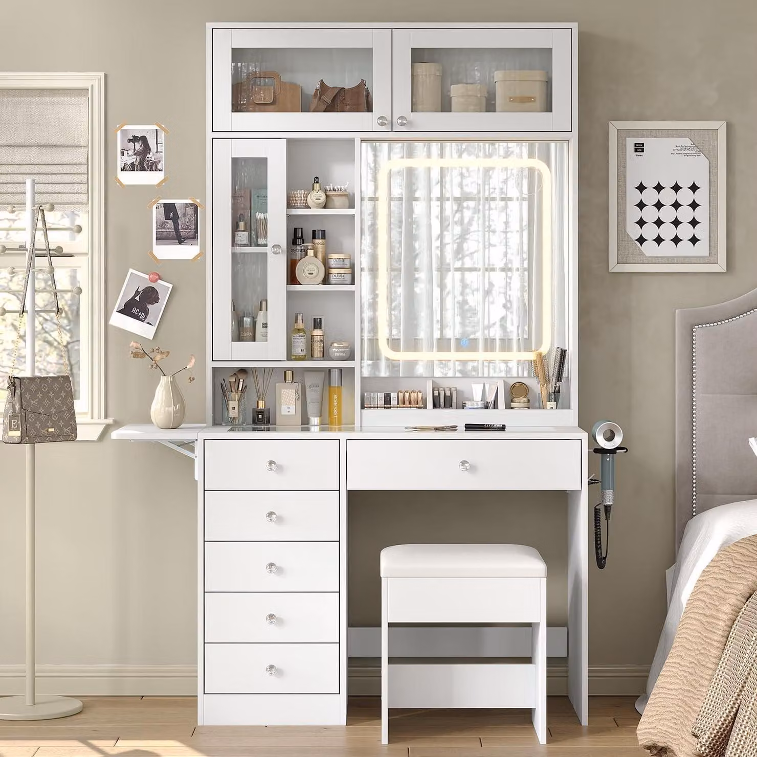Comò da trucco con specchio e illuminazione a LED, 6 cassetti, 2 ante, prese di corrente, colore bianco