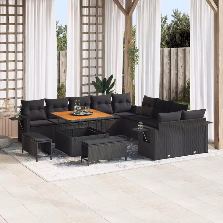 Set Divano da Giardino vidaXL 13 pz a forma di U in Polyrattan Nero con Cuscini e Tavolino
