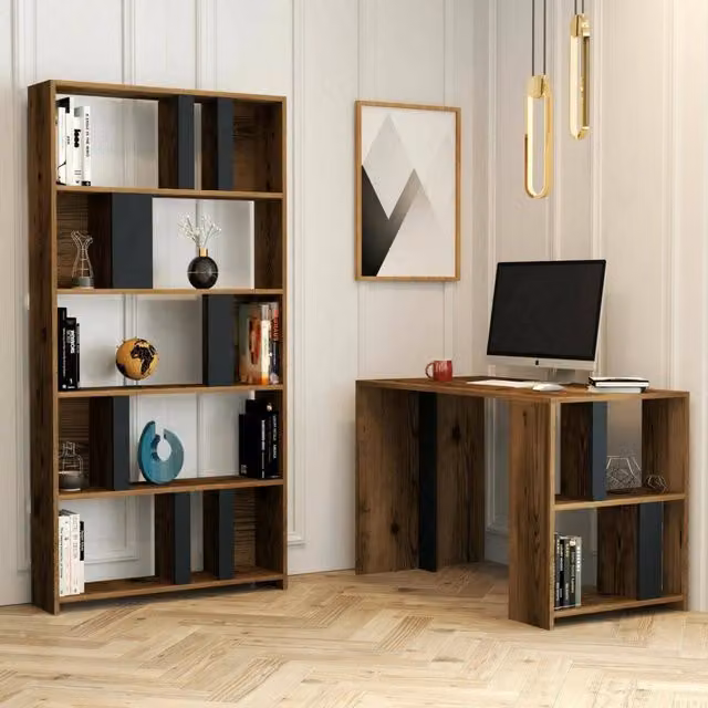 Scrivania Atene, Scrittoio multiuso, Tavolo per ufficio porta PC con libreria, 120x60h75 cm, Noce e Antracite