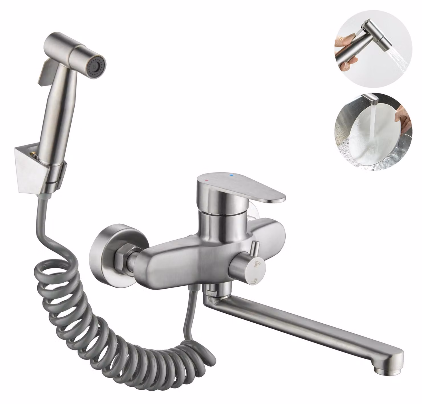 Miscelatore da cucina a parete, finitura in nichel spazzolato, 23 cm, girevole a 360°, con doccetta
