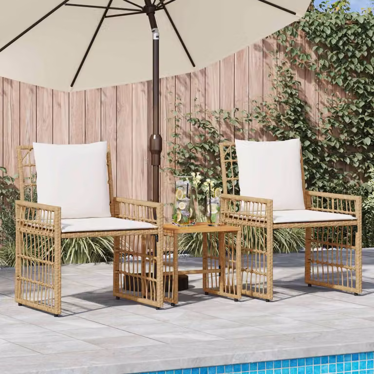 Set di mobili da esterno vidaXL in legno di acacia oliato e rattan, 3 pezzi, colore naturale e bianco crema