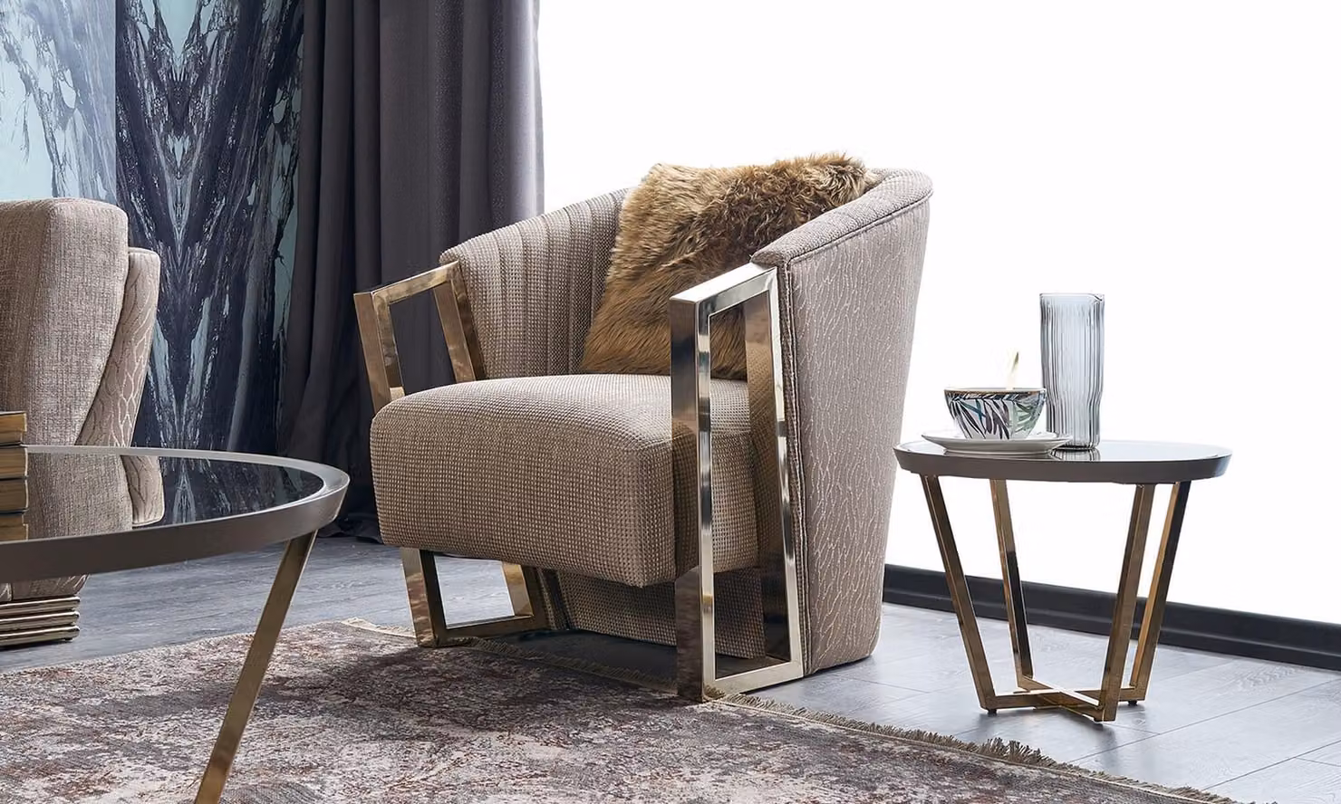Moderne Sessel Einsitzer Stoff Wohnzimmer Braun Polster Sitzer Sitz