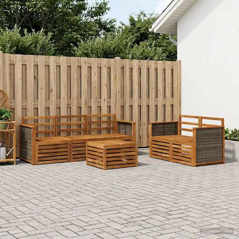 Set di divani da esterno vidaXL in legno di acacia massello marrone con cuscini e tavolino da caffè, composizione a L per giardino e balcone