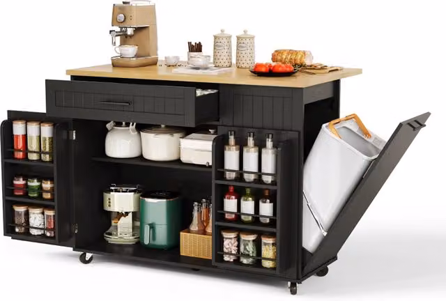 Isola cucina con piano ribaltabile in MDF nero; carrello su ruote bloccabili; 130 x 70 x 93 cm