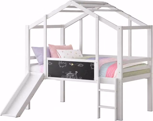 Letto a soppalco per bambini 90x200 cm con scivolo; scala e lavagna in legno massello bianco