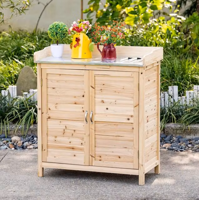 Armadio da giardino 83 x 40 x 92 cm in legno di abete naturale con piano di lavoro
