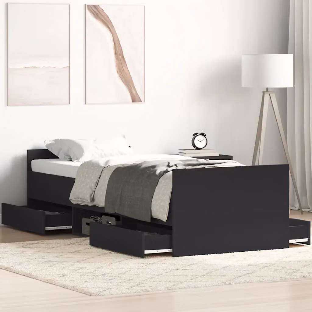 Letto singolo moderno con cassetti e testiera in legno nero L 90 x P 200 x H 50 cm – 2