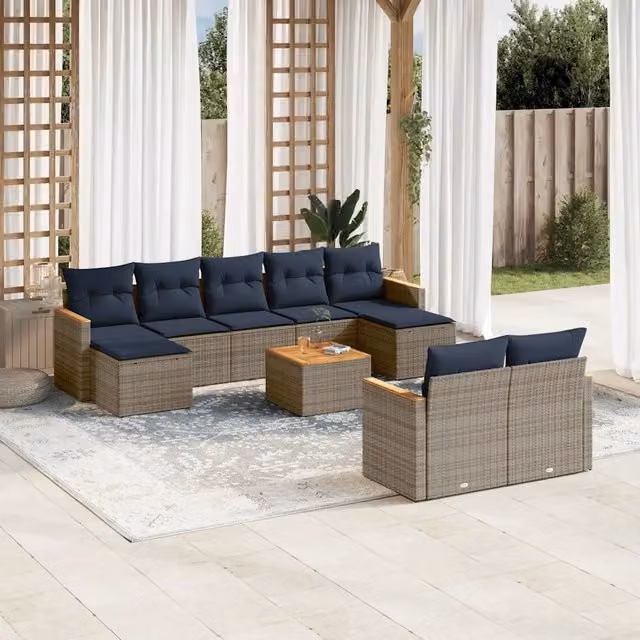 Set Divani da Giardino 10 pz con Cuscini Grigio in Polyrattan 3226411