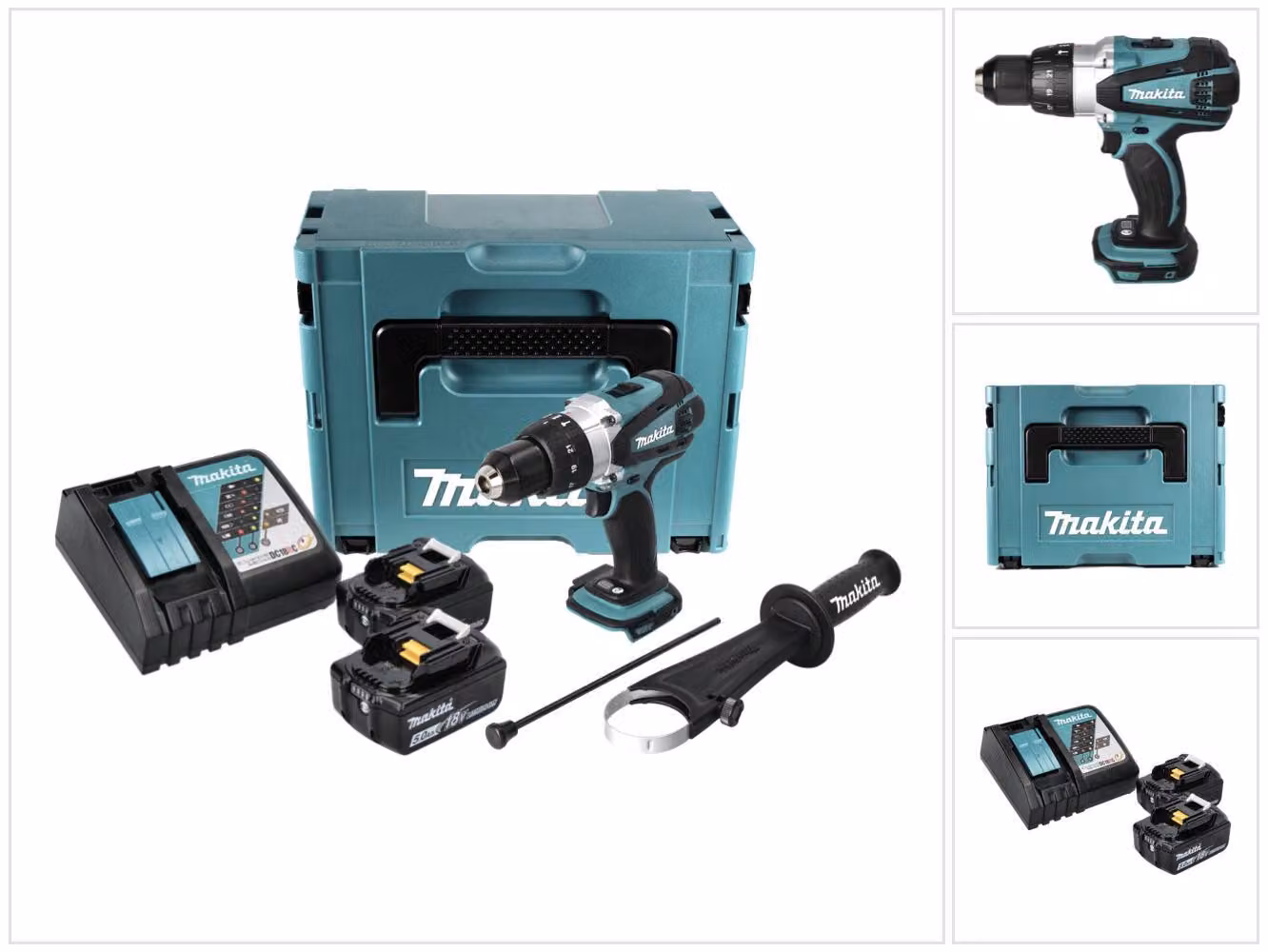 Makita DHP 458 RTJ Trapano avvitatore con percussione a batteria 18V 91Nm in valigetta Makpac + 2x Batterie 5,0 Ah + Caricabatterie