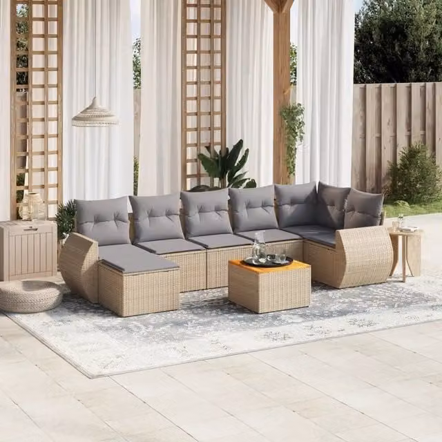 vidaXL Set Divano da Giardino 8 pz a L in Polyrattan con Cuscini Beige e Grigio – 1