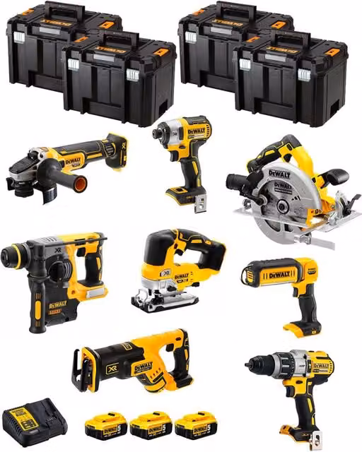 Kit utensili DeWALT DWK805T con avvitatore, trapano, smerigliatrice, seghetto, troncatrice, motosega, 3 batterie da 5,0 Ah e 4 contenitori TSTAK VI, Giallo