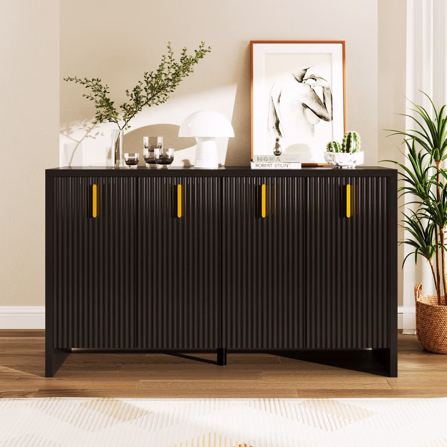 Cassettiera Merax con quattro ante e ripiani regolabili, credenza con maniglie in metallo, mobile da soggiorno buffet credenza, L:140cm, nero