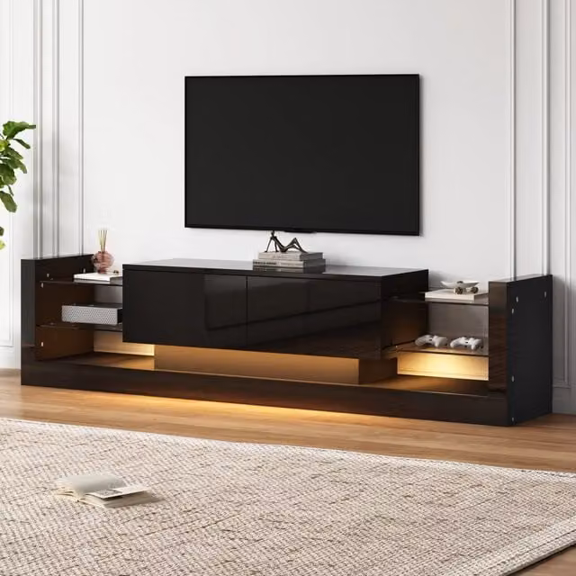 Mobile TV Mivray con illuminazione LED integrata, frontale in vetro nero lucido e due cassetti ribaltabili, adatto per televisori fino a 80 pollici, L/P/H: 181 x 38 x 38 cm