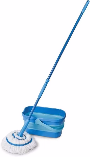 Set secchio e mocio ultracompatto Vileda blu con microfibra per pavimenti duri e sistema di autoasciugamento