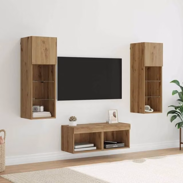 Set di 4 mobiletti TV sospesi moderni vidaXL in legno e vetro, colore rovere nero, L/P/H: 40 x 30 x 30 cm – 1