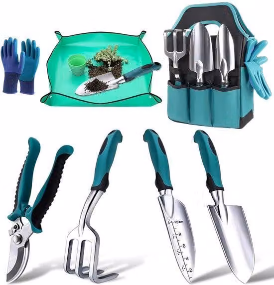 Ibenzoa® – Set di 7 utensili da giardino in acciaio inossidabile, con manici ergonomici antiscivolo e borsa di stoccaggio impermeabile