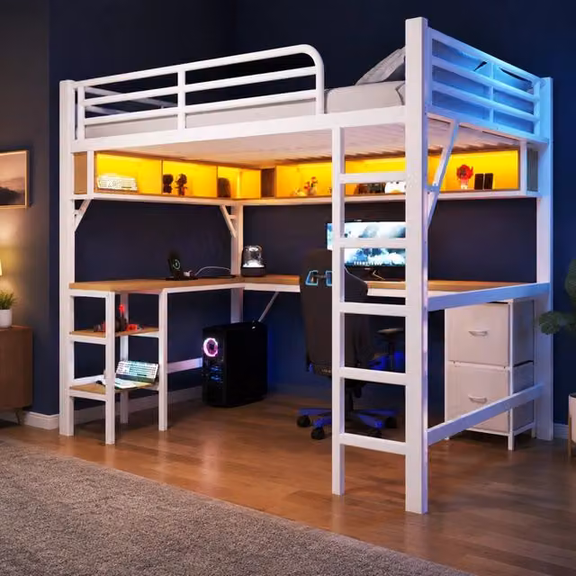 Letto a castello moderno in metallo e MDF con scrivania, libreria, illuminazione LED e porta USB, bianco, L/P/H: 200 x 140 cm – 1