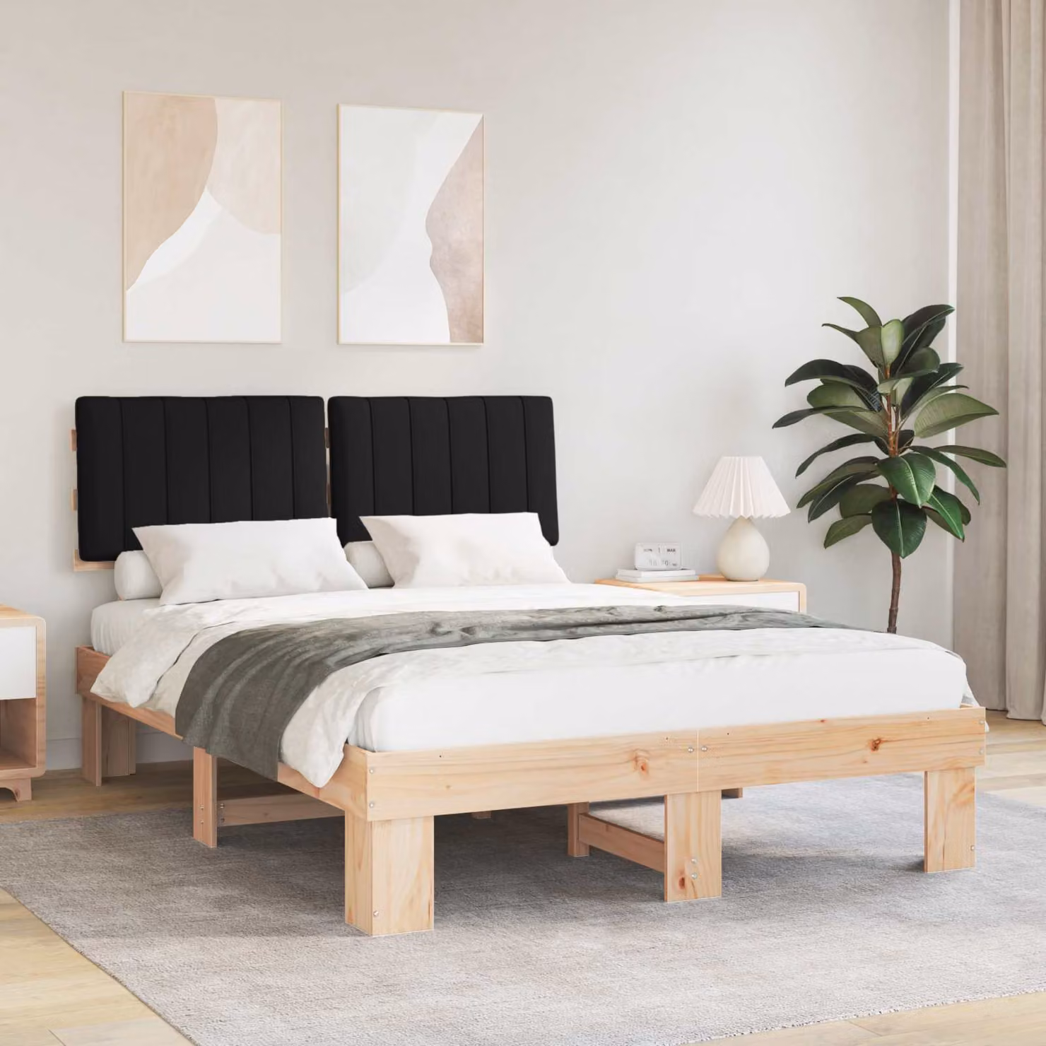 Letto con Testiera Rivestita in Pino Massello vidaXL Nero L 140 x P 200 cm – 1