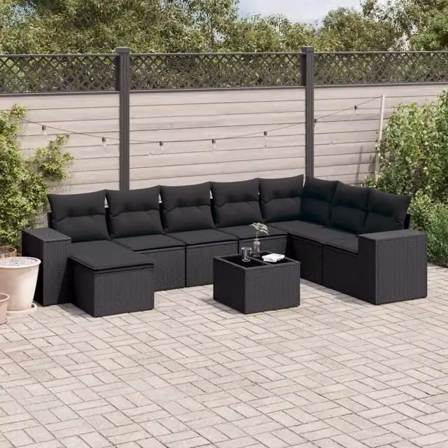 Set Divani da Giardino 9 pz con Cuscini Nero in Polyrattan 3255302